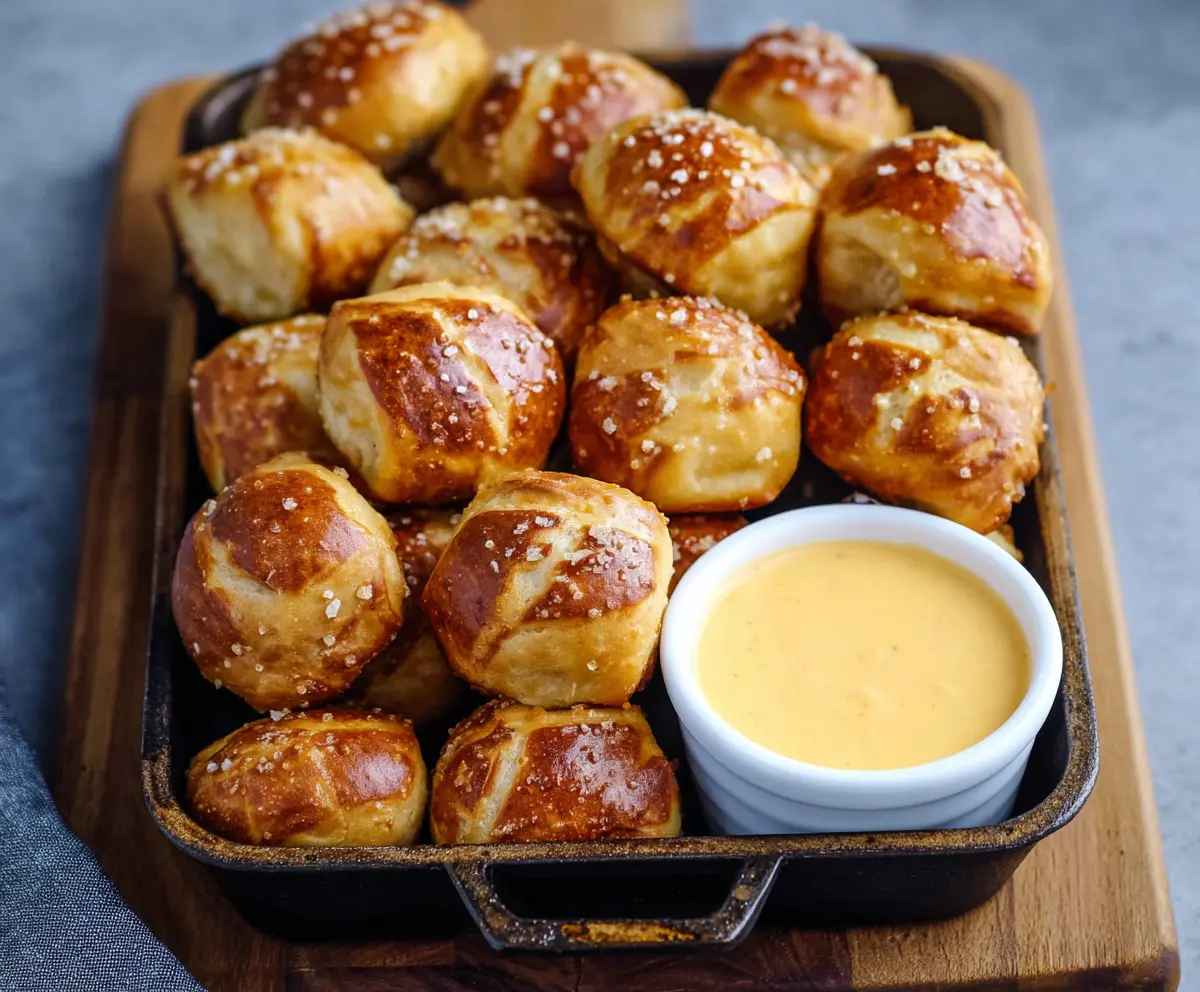 Golden pretzel bites served with a creamy cheddar dip, perfect for snacking.
