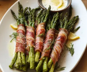 Delicious prosciutto-wrapped asparagus spears ready for baking, perfect appetizer for parties.
