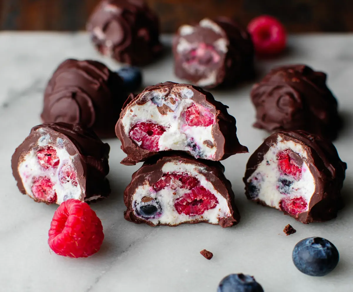 Delicious Raspberry Dark Chocolate Yogurt Bites on a plate, perfect for healthy snacking.