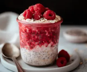 Delicious Raspberry Overnight Oats in a glass jar topped with fresh raspberries and chia seeds