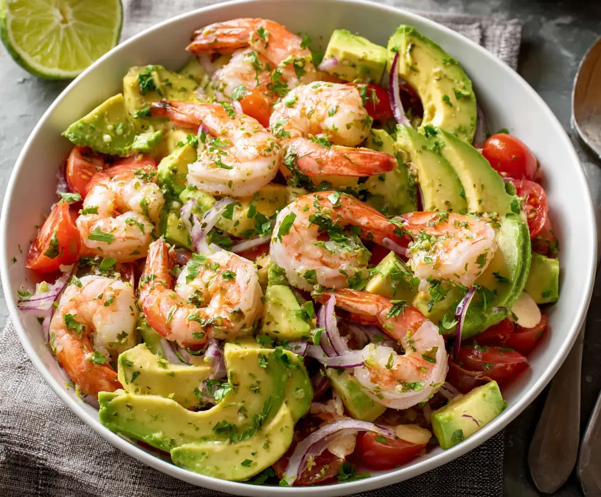 Fresh shrimp and ripe avocado salad served in a bowl, colorful and healthy meal idea.