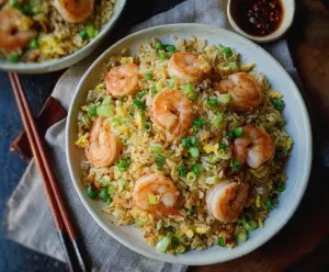 Delicious shrimp garlic fried rice served on a plate with fresh herbs