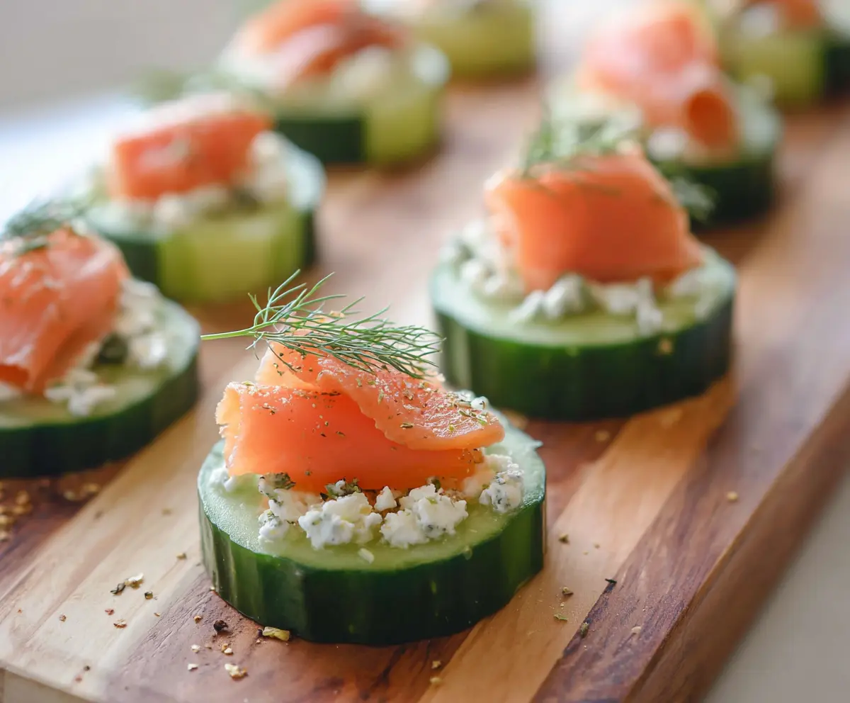 Delicious smoked salmon cucumber bites garnished with fresh herbs, perfect for appetizers or parties.