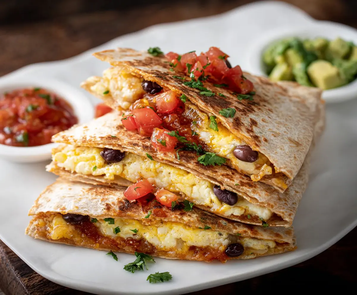 Delicious Southwest Breakfast Quesadilla filled with eggs, cheese, and spicy peppers on a plate.