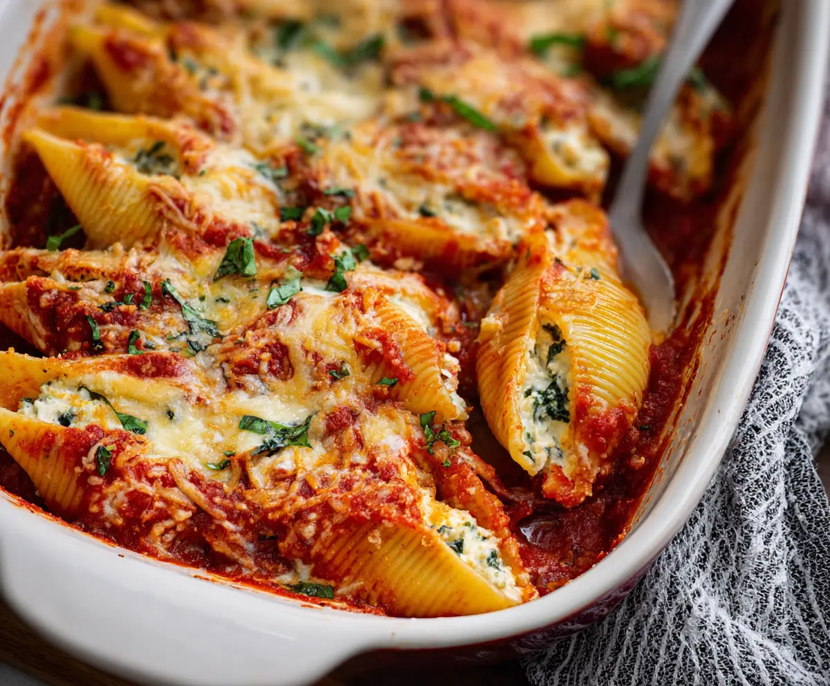 Delicious baked stuffed shells filled with cheese and topped with marinara sauce.