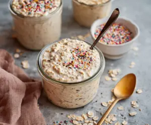 Creamy sugar cookie overnight oats in a jar topped with sprinkles, perfect for a delicious breakfast treat.