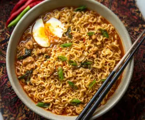 Delicious Sweet Chili Ramen Noodles topped with fresh vegetables and garnished with herbs.