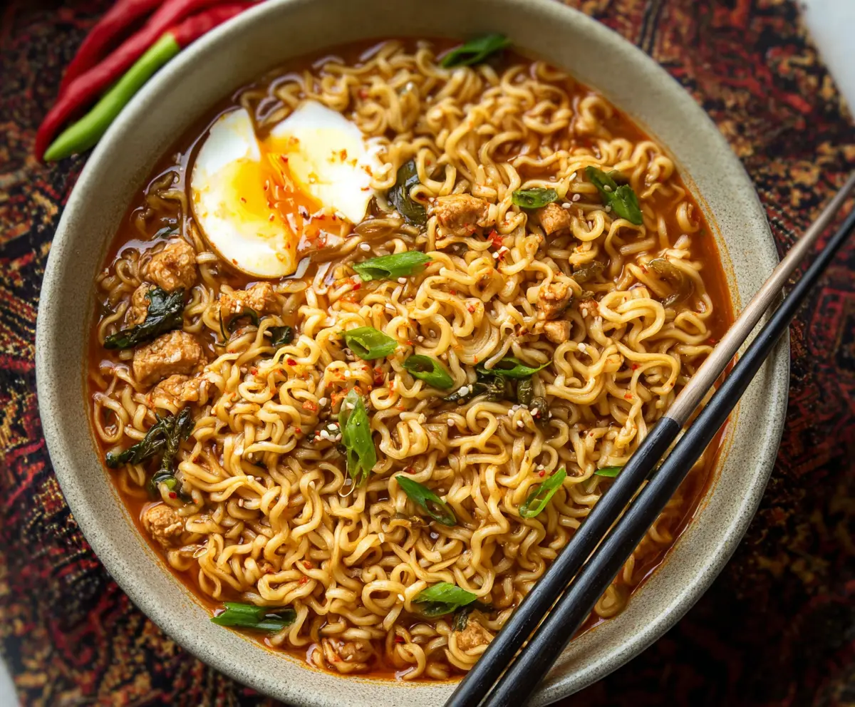 Delicious Sweet Chili Ramen Noodles topped with fresh vegetables and garnished with herbs.