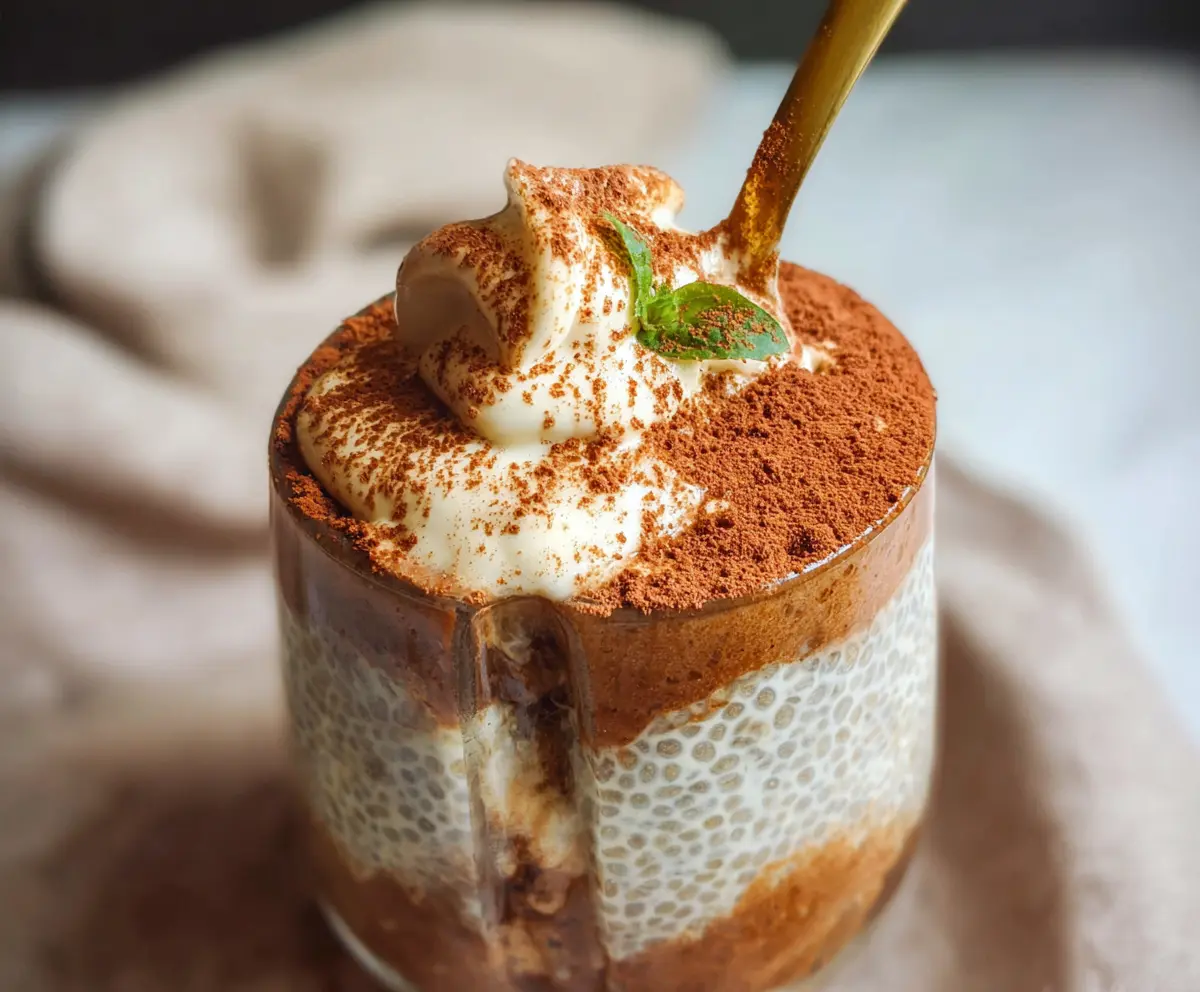 Delicious Tiramisu Chia Pudding topped with cocoa powder and mascarpone cheese, ready to serve as a healthy dessert.