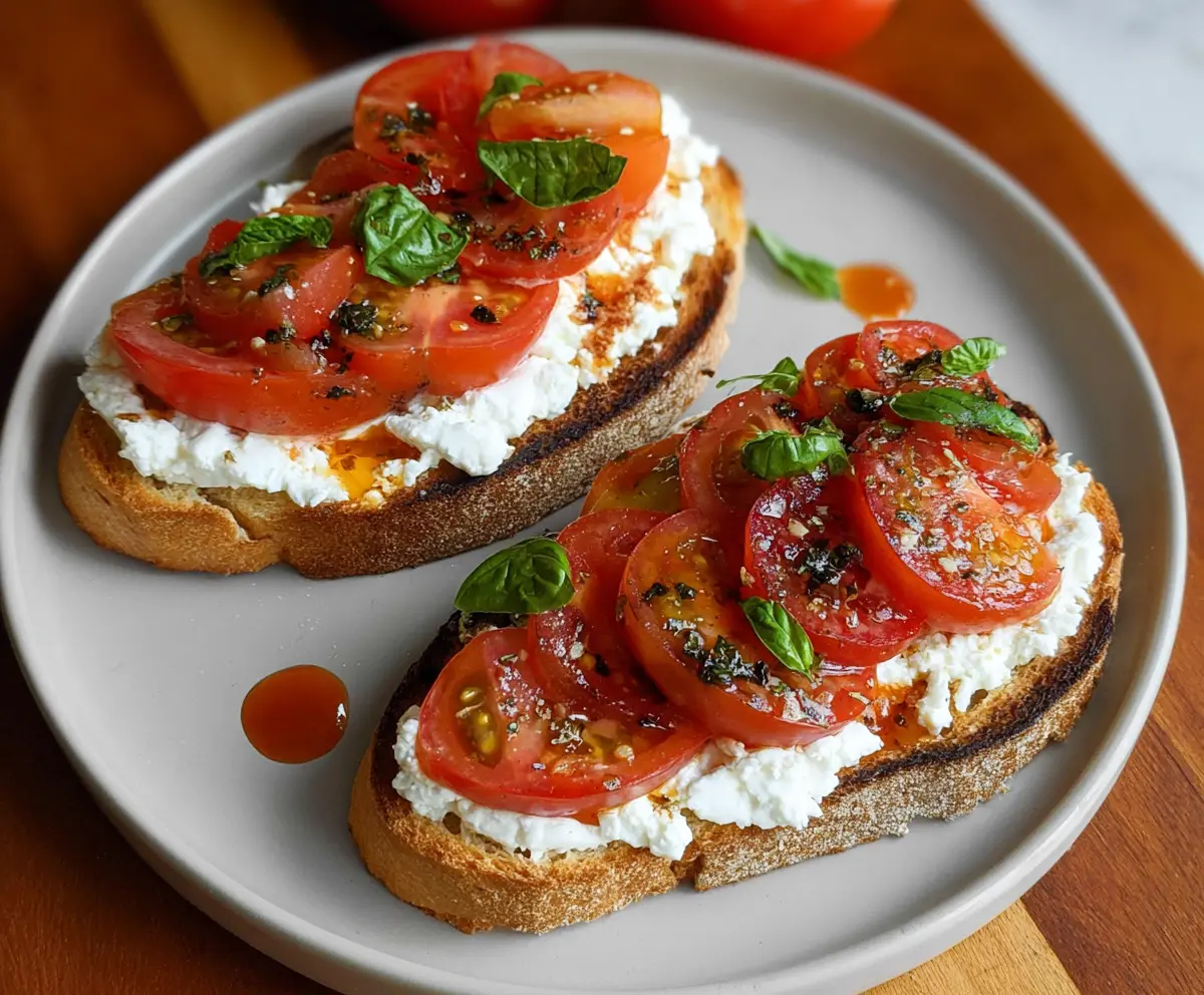 Delicious tomato and cottage cheese toast topped with fresh herbs on a rustic cutting board.