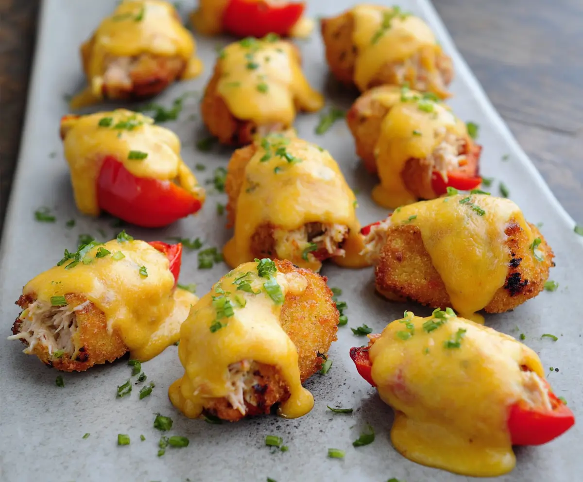 Delicious Tuna Melt Poppers with melted cheese and crispy bacon on a golden platter.