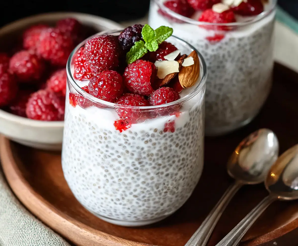 Creamy vanilla chia seed pudding topped with Greek yogurt and fresh berries, healthy breakfast idea.