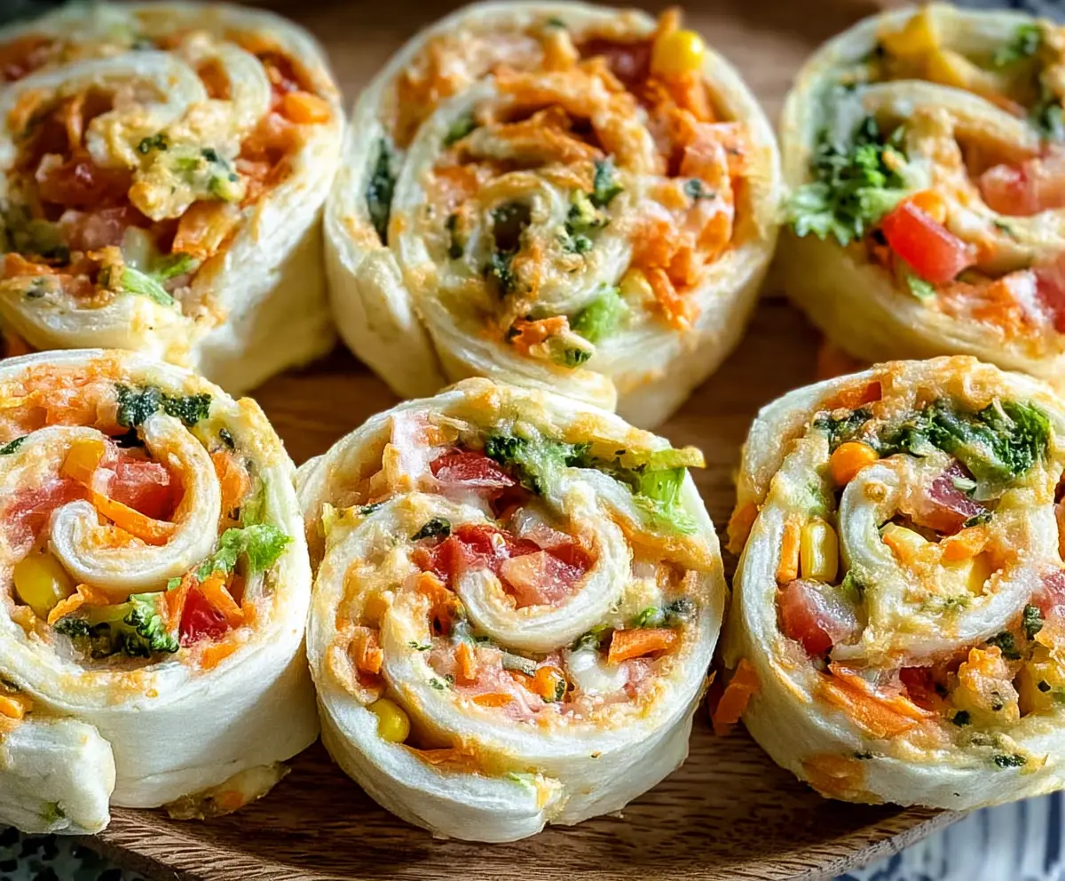 Colorful veggie pizza pinwheels with fresh spinach, bell peppers, and melted cheese