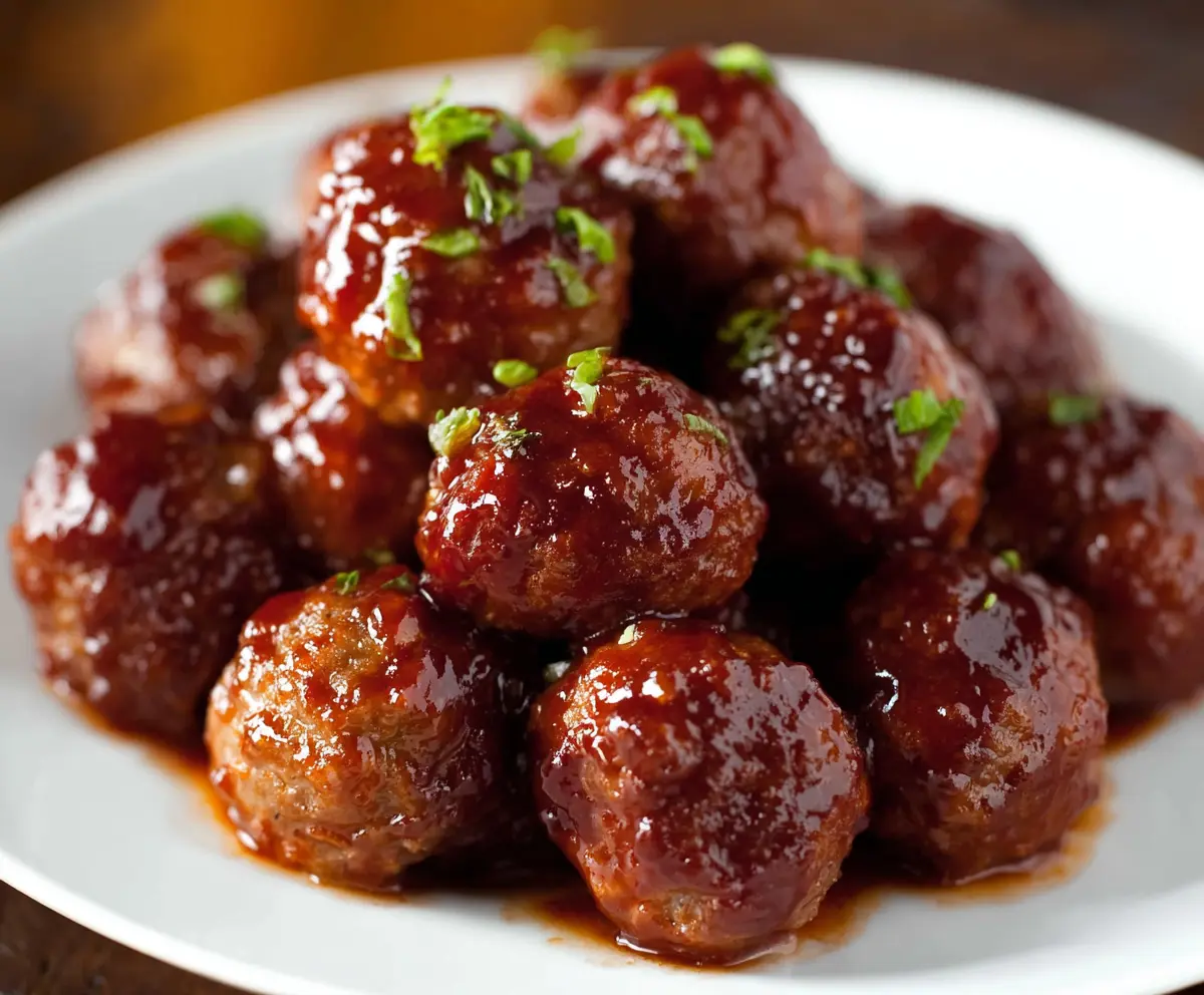 Delicious 3-ingredient crockpot BBQ meatballs served in a bowl, perfect for easy family dinner.