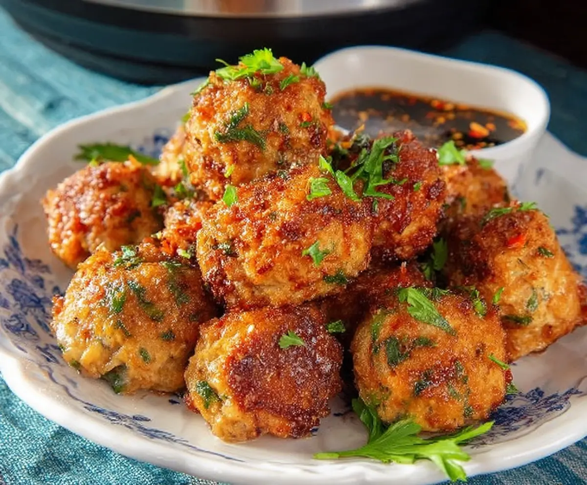 Crispy Air Fryer Bang Bang Chicken Meatballs served with spicy bang bang sauce
