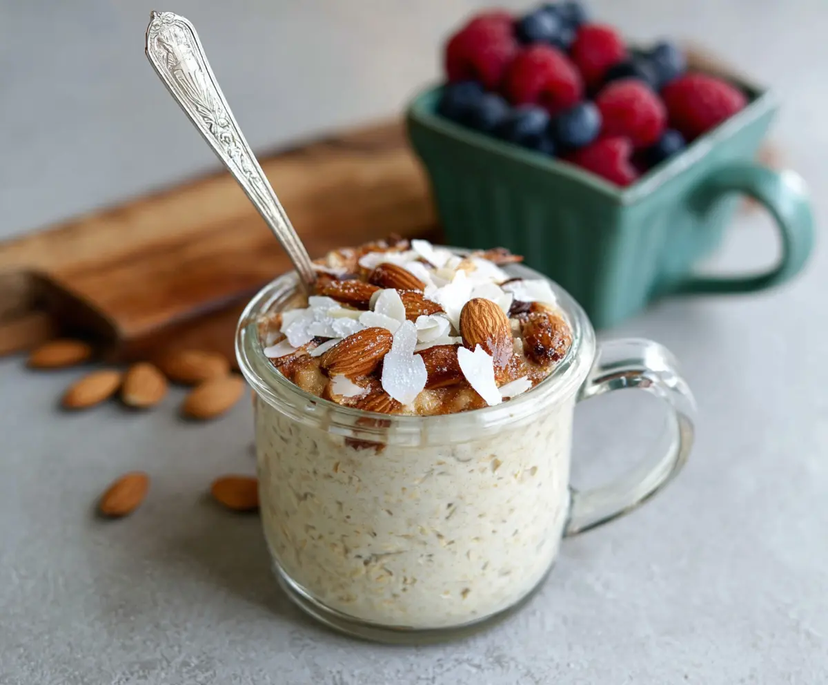 Creamy Almond Croissant Overnight Oats in a glass jar with almonds and berries on top.