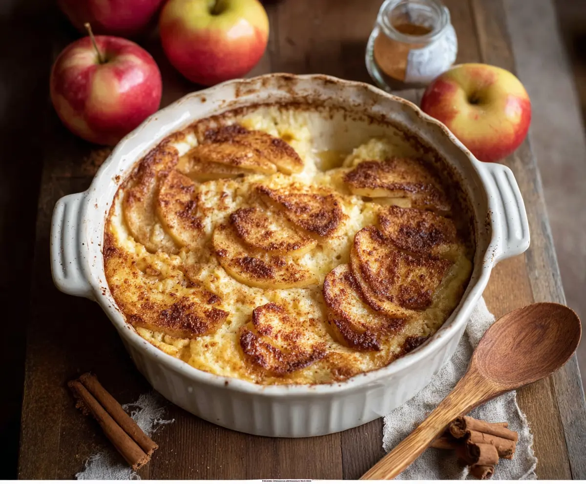 Delicious Apple Cinnamon Cottage Cheese Bake in a baking dish served with fresh apple slices