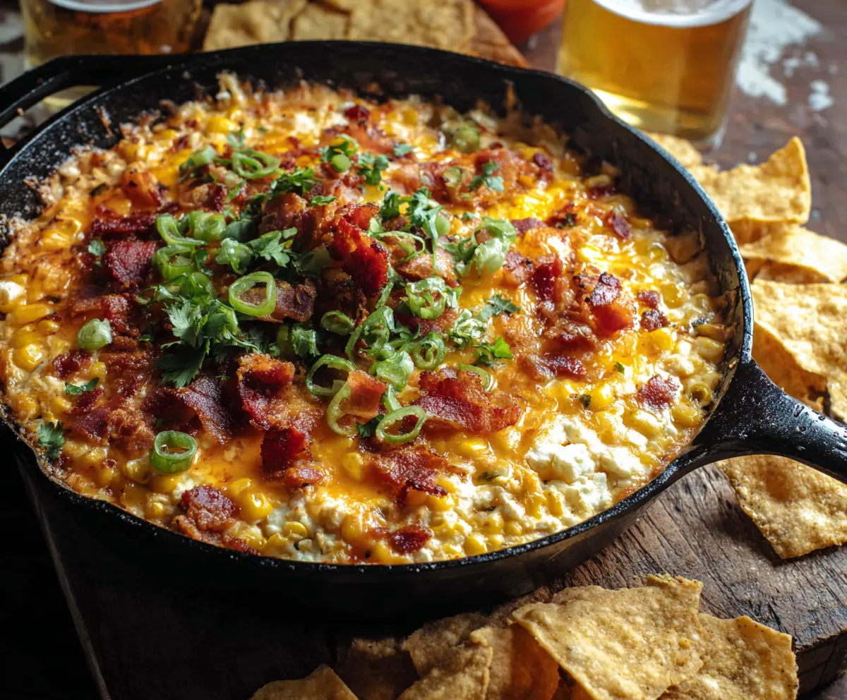 Creamy bacon and hot corn dip served in a bowl, perfect for parties and gatherings.