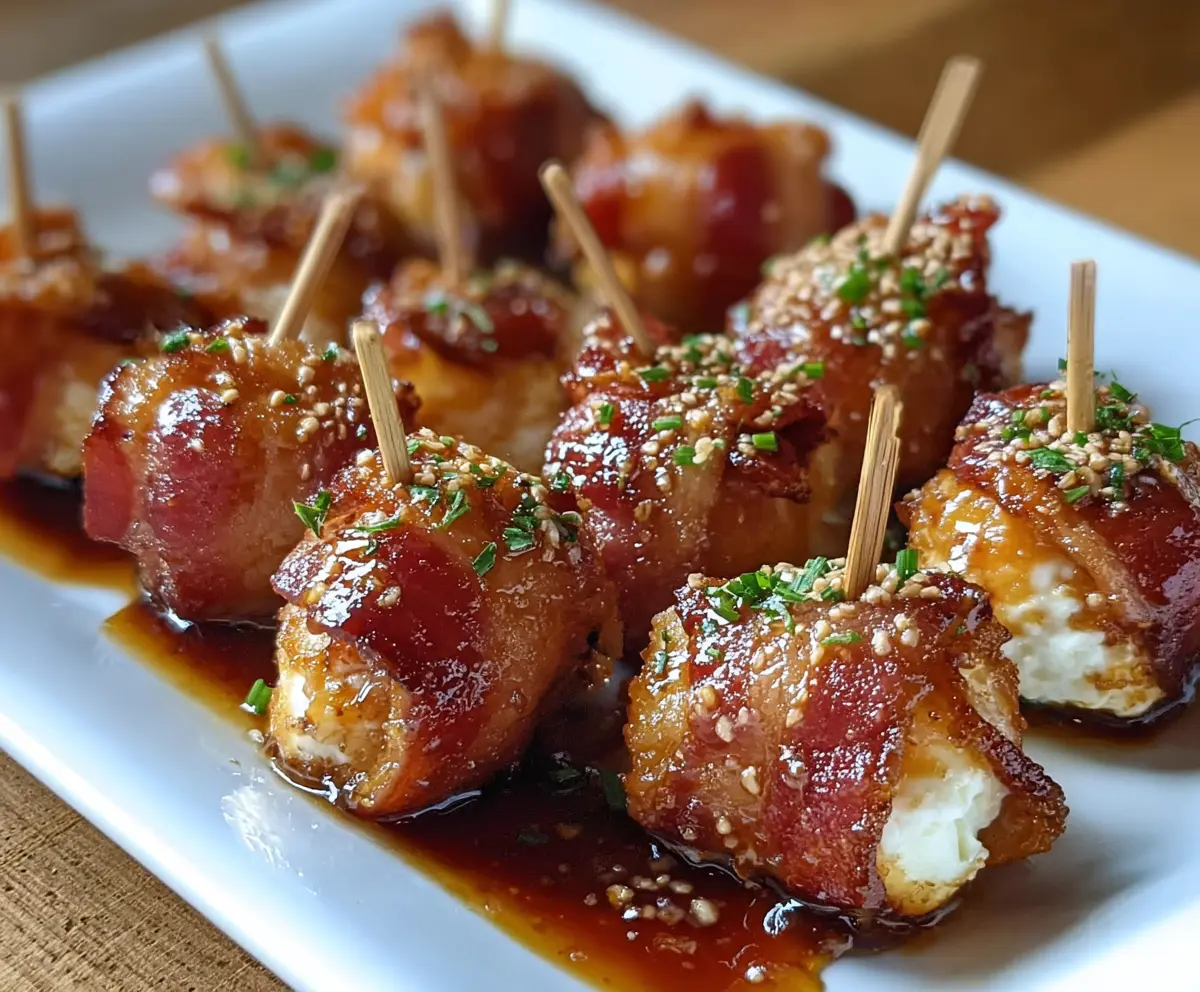 Delicious Bacon Mozzarella Poppers drizzled with sweet maple glaze, perfect for snack lovers.