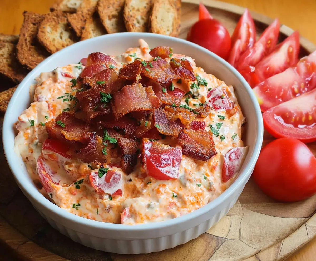 Delicious Bacon Tomato Dip served with fresh vegetables and chips.