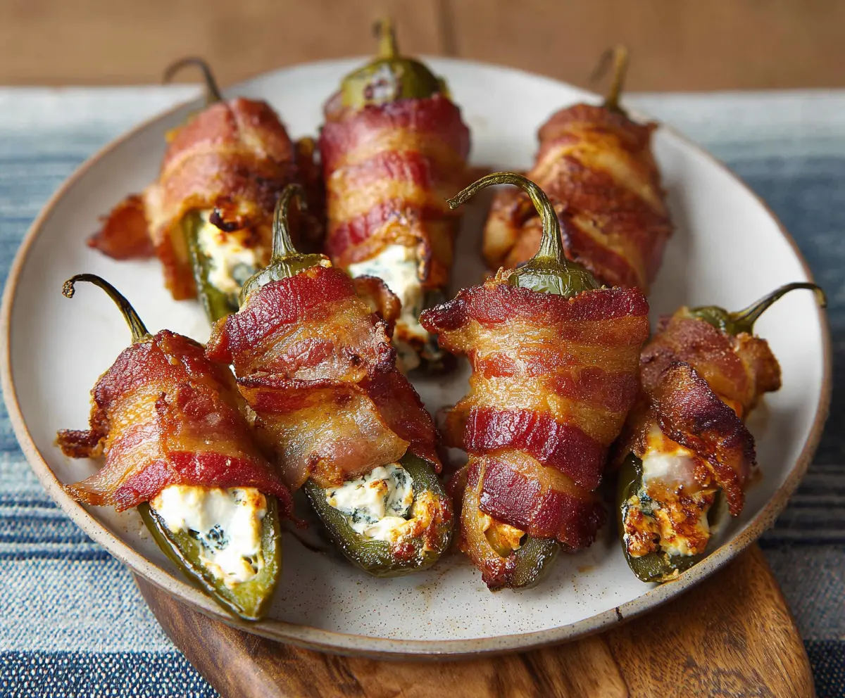 Savory bacon-wrapped jalapeño poppers with melted cheese filling for appetizer or party snack.