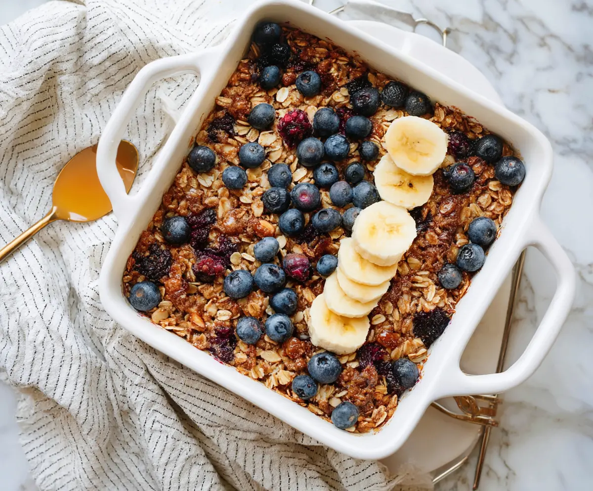 Delicious baked breakfast oatmeal topped with fresh fruit and nuts, perfect for a healthy morning meal.