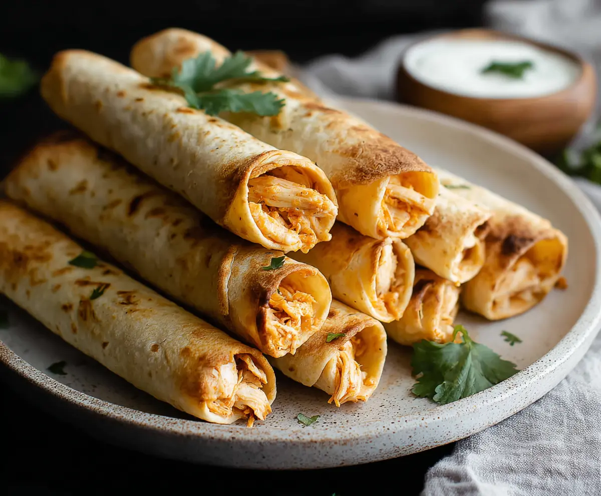 Delicious baked chicken taquitos served with a side of fresh salsa and guacamole.