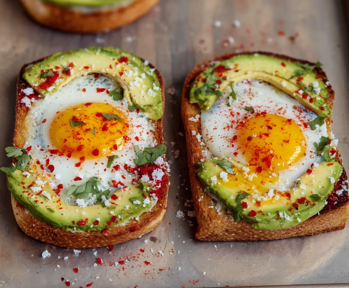 Flavorful baked egg avocado toast with fresh herbs and crispy bread