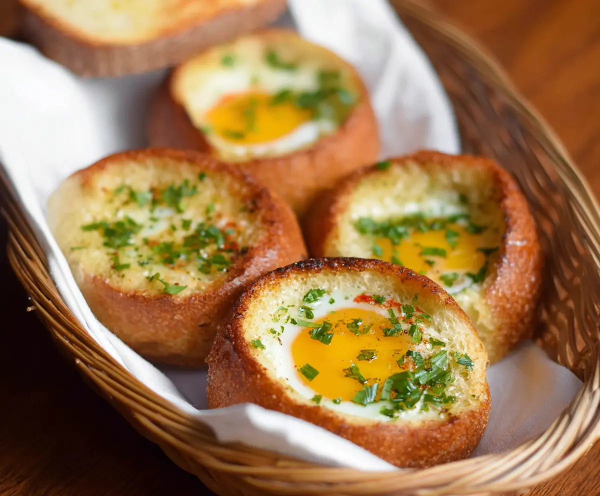 Delicious baked eggs in a basket with toasted bread and fresh herbs for a flavorful breakfast