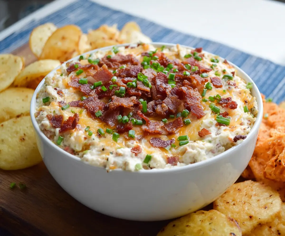 Creamy baked potato dip served with crispy chips, perfect for snack time.