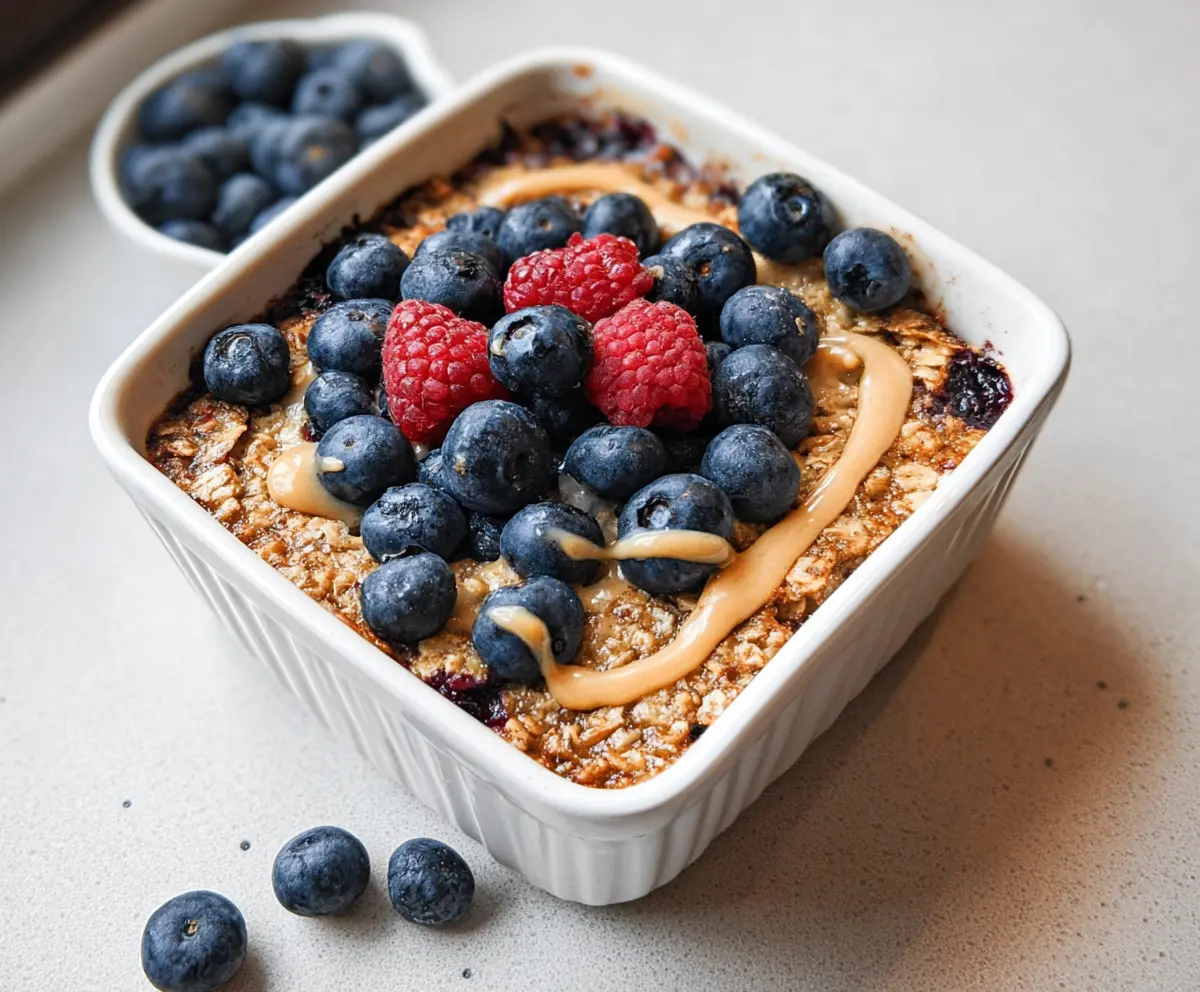 Healthy baked protein oatmeal served in a bowl with fresh fruit and nuts