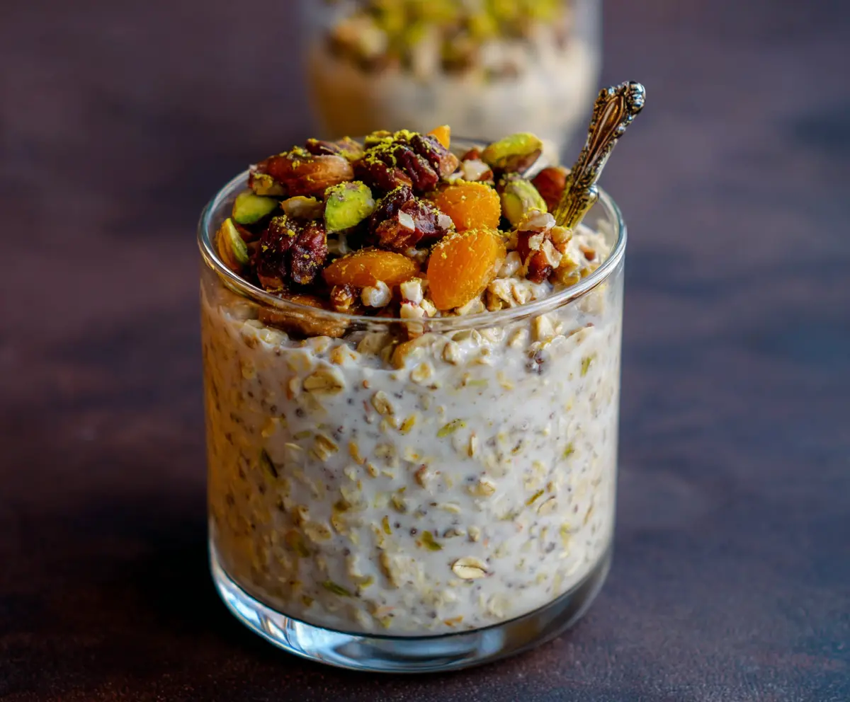 Creamy Baklava Overnight Oats topped with chopped nuts and honey drizzle, perfect for a nutritious breakfast.