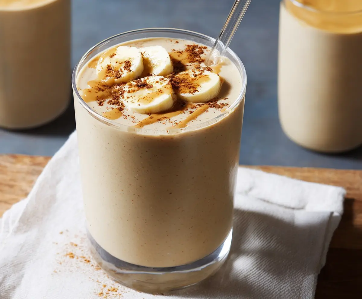 Creamy banana peanut butter smoothie in a glass, garnished with sliced bananas and a drizzle of honey