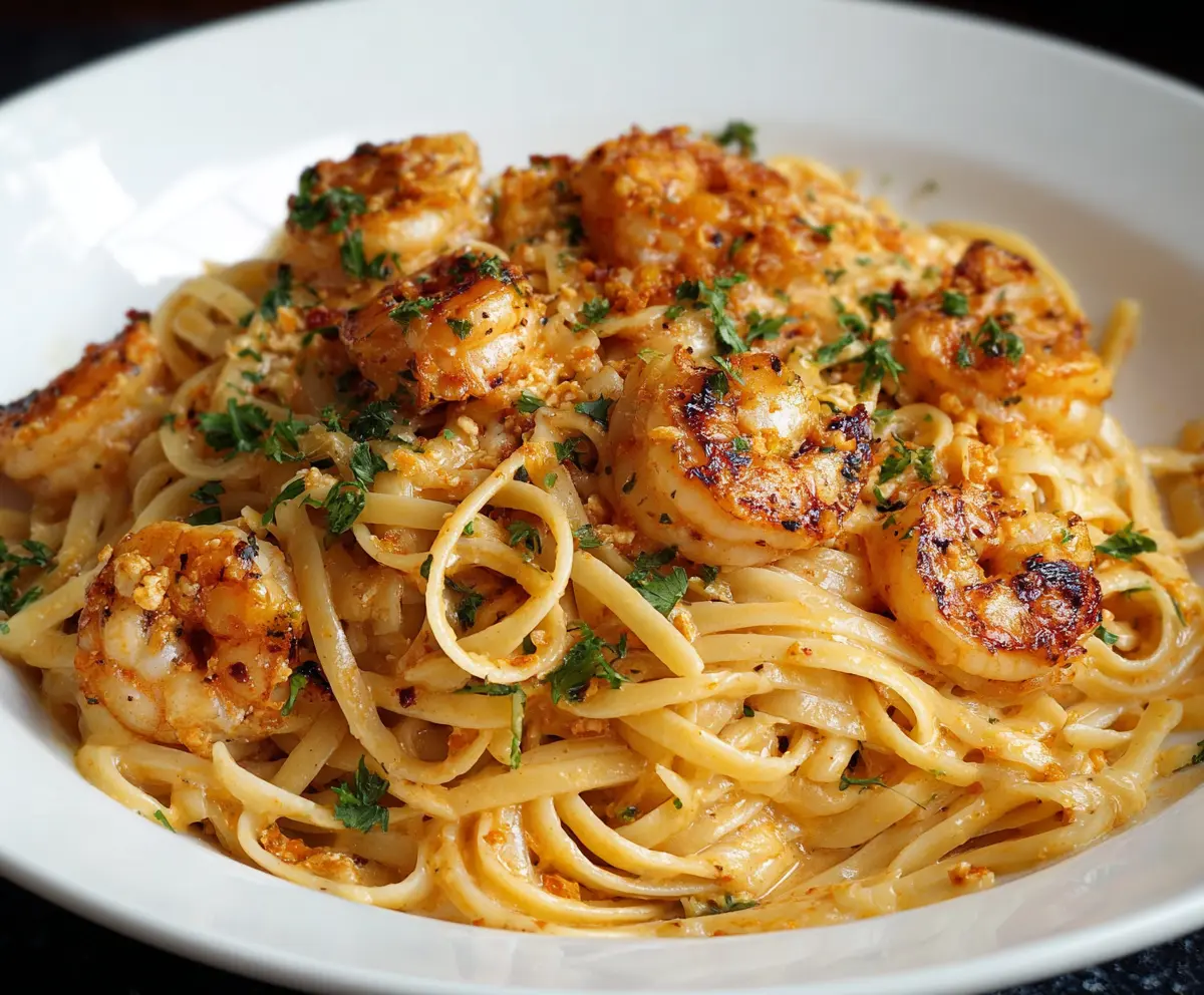 Creamy Bang Bang Shrimp Pasta with spicy sauce and fresh herbs on a plate.