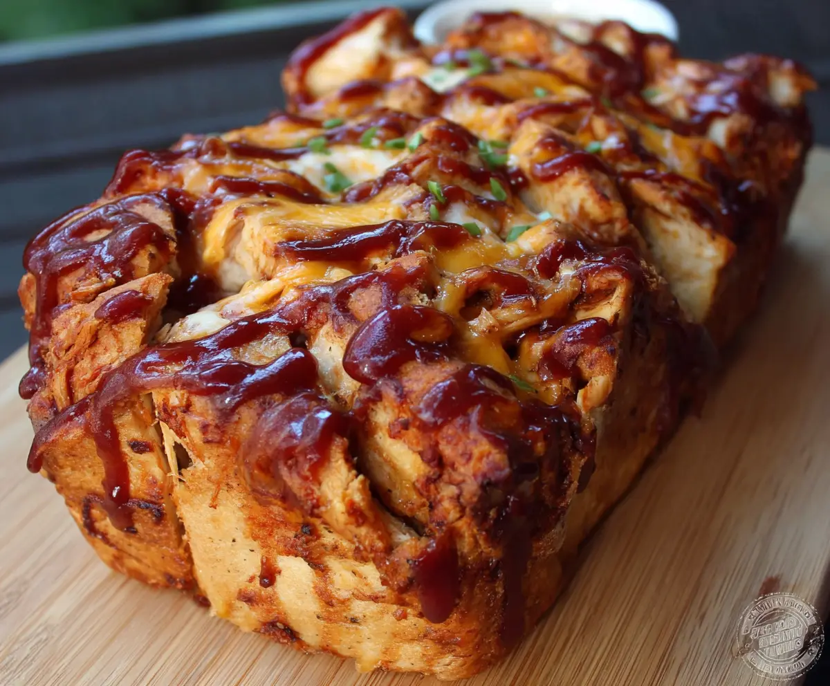 Delicious BBQ Chicken Pull Apart Bread served hot, showcasing cheesy, shredded chicken inside a flaky bread roll.