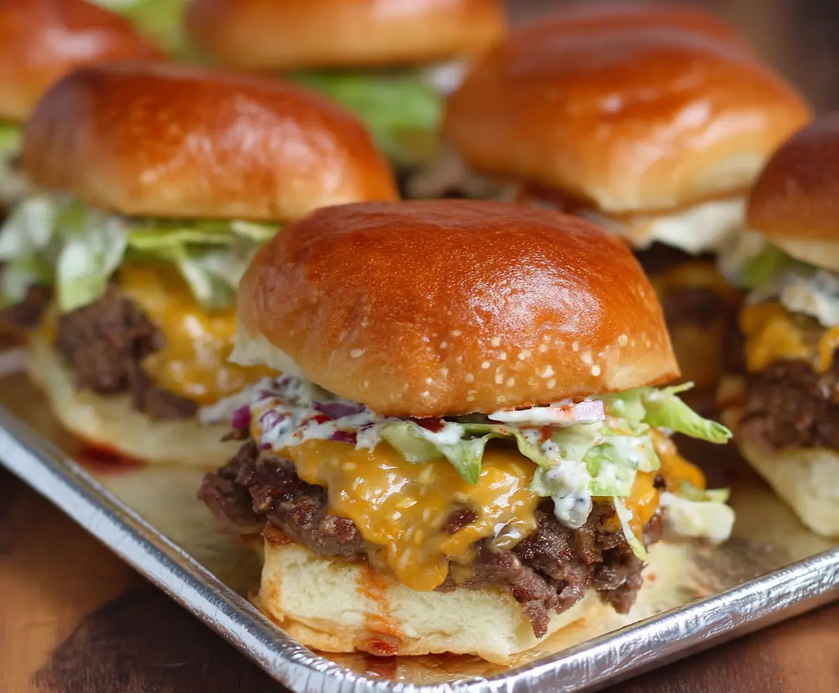 Delicious Beefy and Big Mac Sliders stacked with savory beef patties, cheese, and fresh toppings for a flavorful bite.