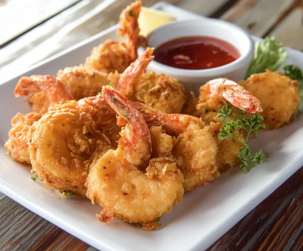 Crispy beer batter fried shrimp served with lemon and herbs on a plate.