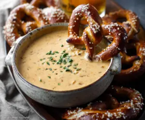 Creamy beer cheese dip served with crunchy pretzels for a perfect snack.