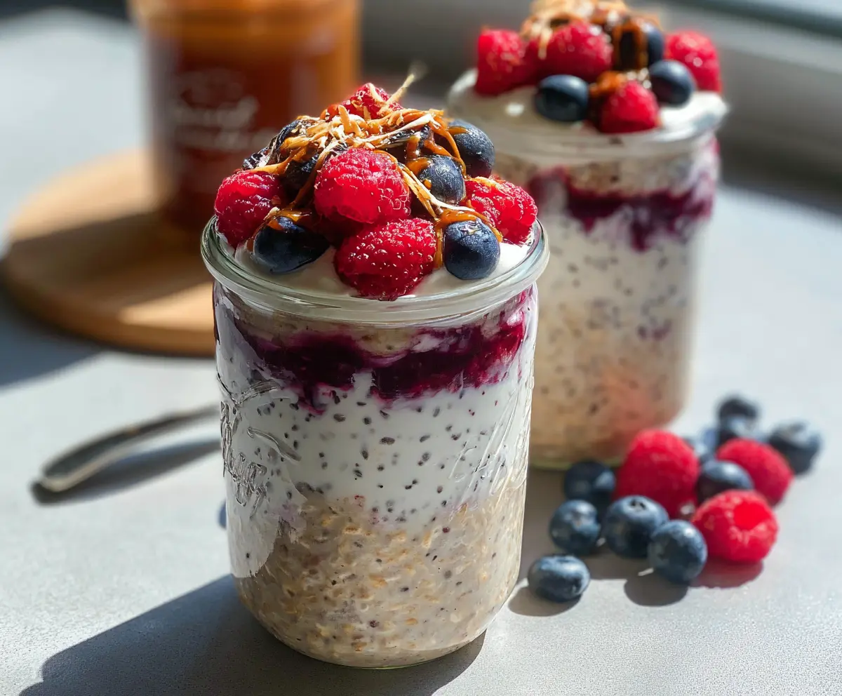 Delicious Berries and Cream Overnight Oats in a glass jar topped with fresh strawberries and blueberries.