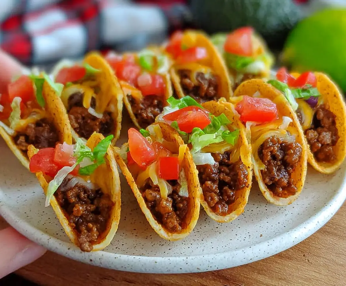 Delicious bite-sized mini tacos filled with seasoned meat and fresh toppings, perfect for parties and snacks.