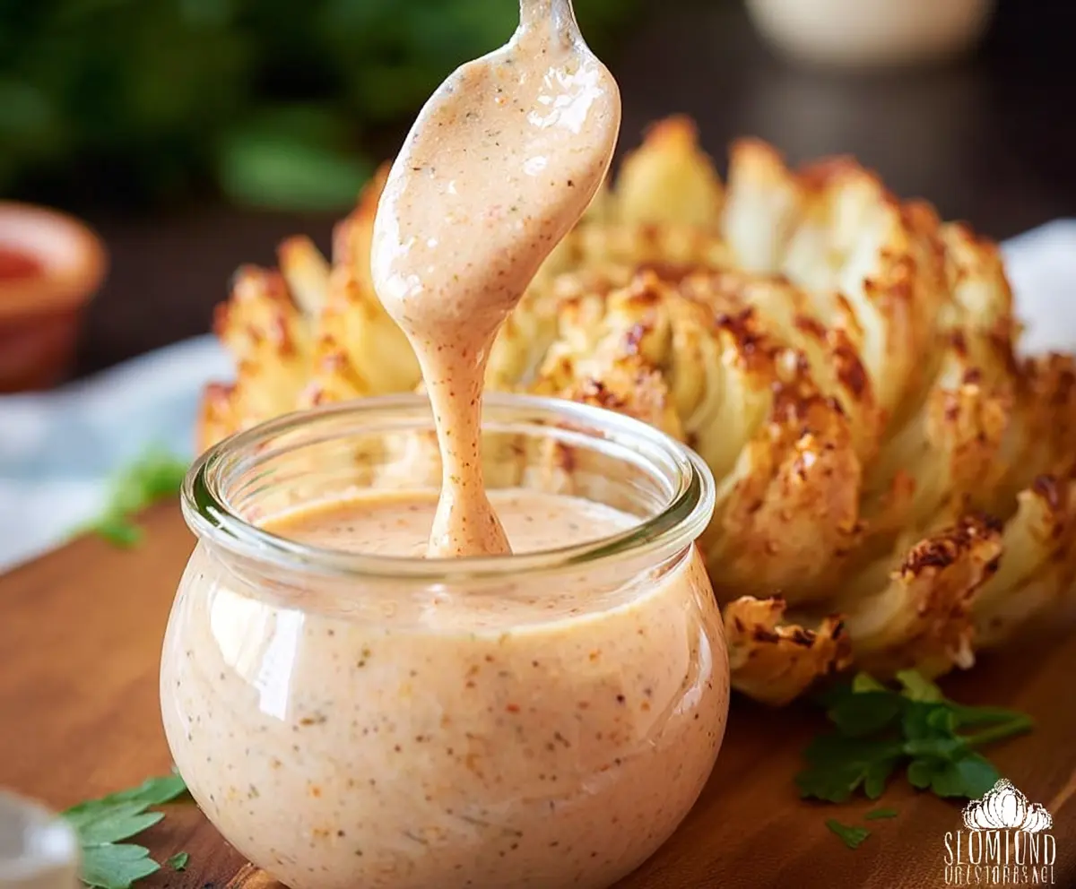 Creamy Bloomin Onion Sauce served with crispy onion petals for a flavorful appetizer.
