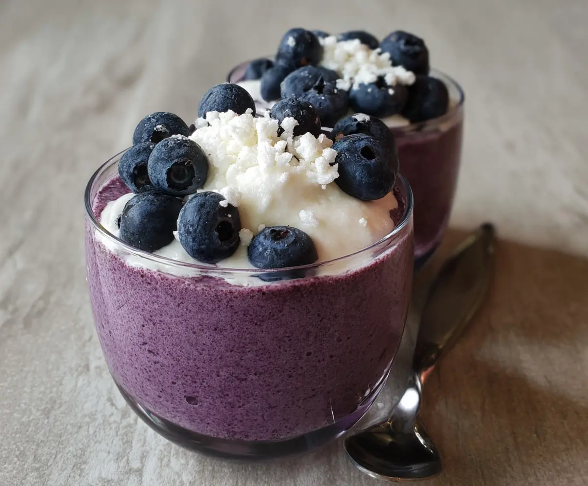 Delicious blueberry cottage cheese mousse served in a glass bowl with fresh blueberries on top.