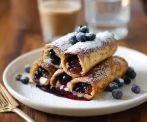 Delicious Blueberry French Toast Roll Ups topped with fresh blueberries and powdered sugar.