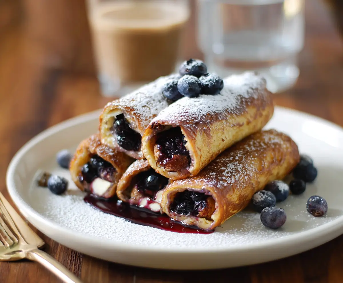 Delicious Blueberry French Toast Roll Ups topped with fresh blueberries and powdered sugar.