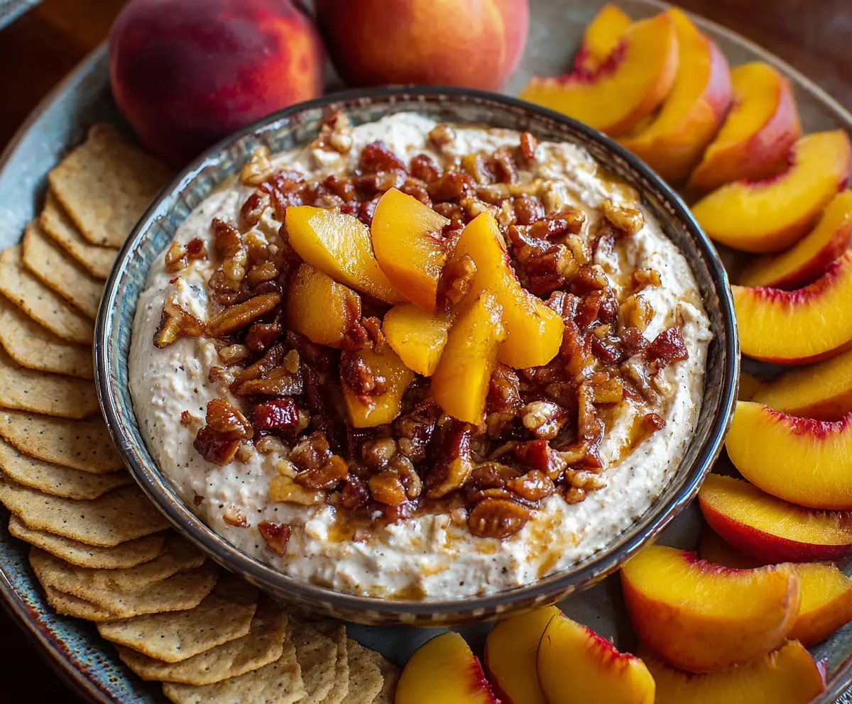 Creamy Bourbon Peach Pecan Dip served with fresh fruit and crackers, perfect for parties.