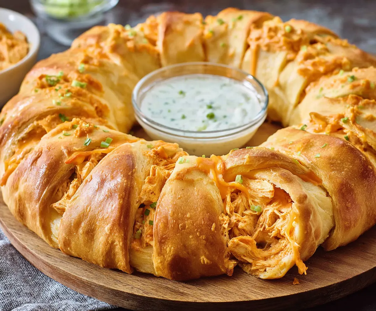 Delicious Buffalo Chicken Crescent Ring fresh out of the oven, showcasing a golden, flaky pastry filled with spicy buffalo chicken.