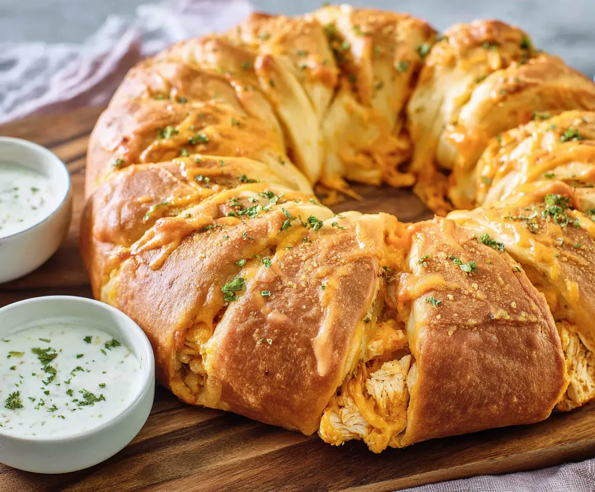 Delicious buffalo chicken crescent roll ring served hot with crispy edges and flavorful filling.