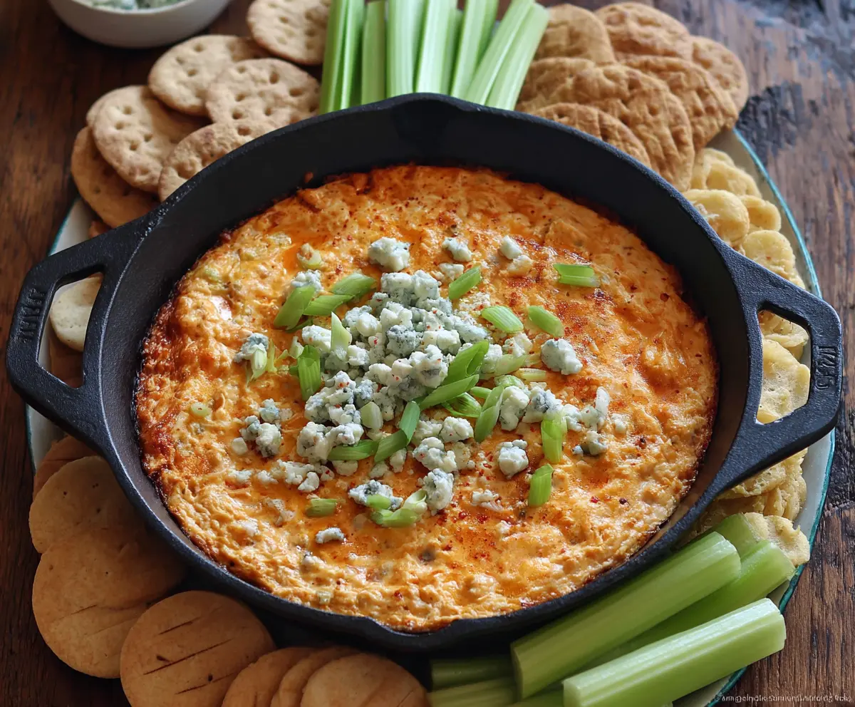 Creamy Buffalo Chicken Dip topped with tangy blue cheese crumbles, perfect for game day snacks.