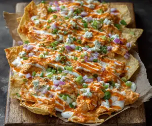 Buffalo chicken nachos topped with melted cheese, sour cream, and green onions on a serving platter.
