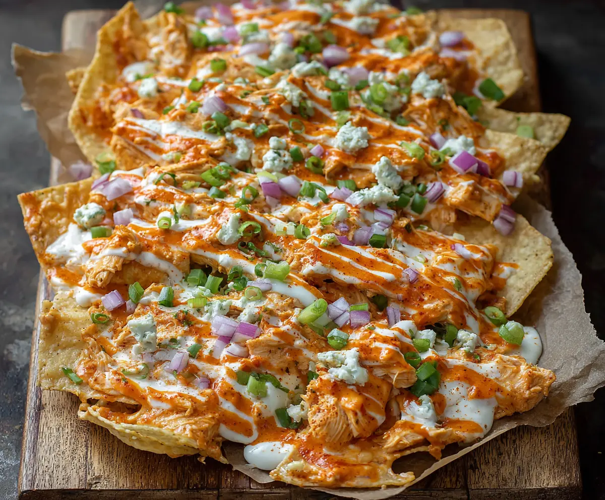 Buffalo chicken nachos topped with melted cheese, sour cream, and green onions on a serving platter.
